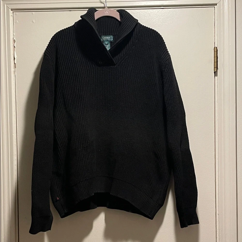 Lauren Ralph Lauren Black Shawl Collar Stiff Ribbed Knit Pullover Sweater